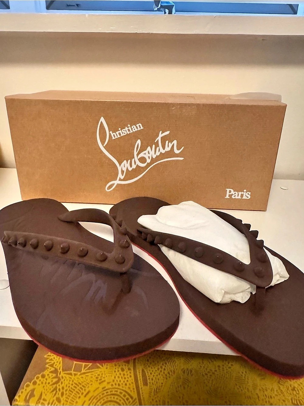 Christian Louboutin Loubi Flip Spike Rubber Flip Flops Brown EU 35 New in Box